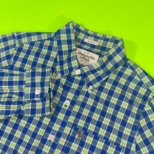 Abercrombie Fitch Mens Blue Green Plaid Button Down Shirt Muscle Fit‎ Medium